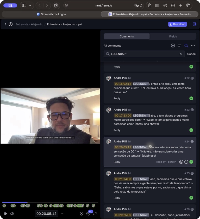 Captura real do Frame.io com correções de legenda publicadas nos pontos correspondentes da entrevista.